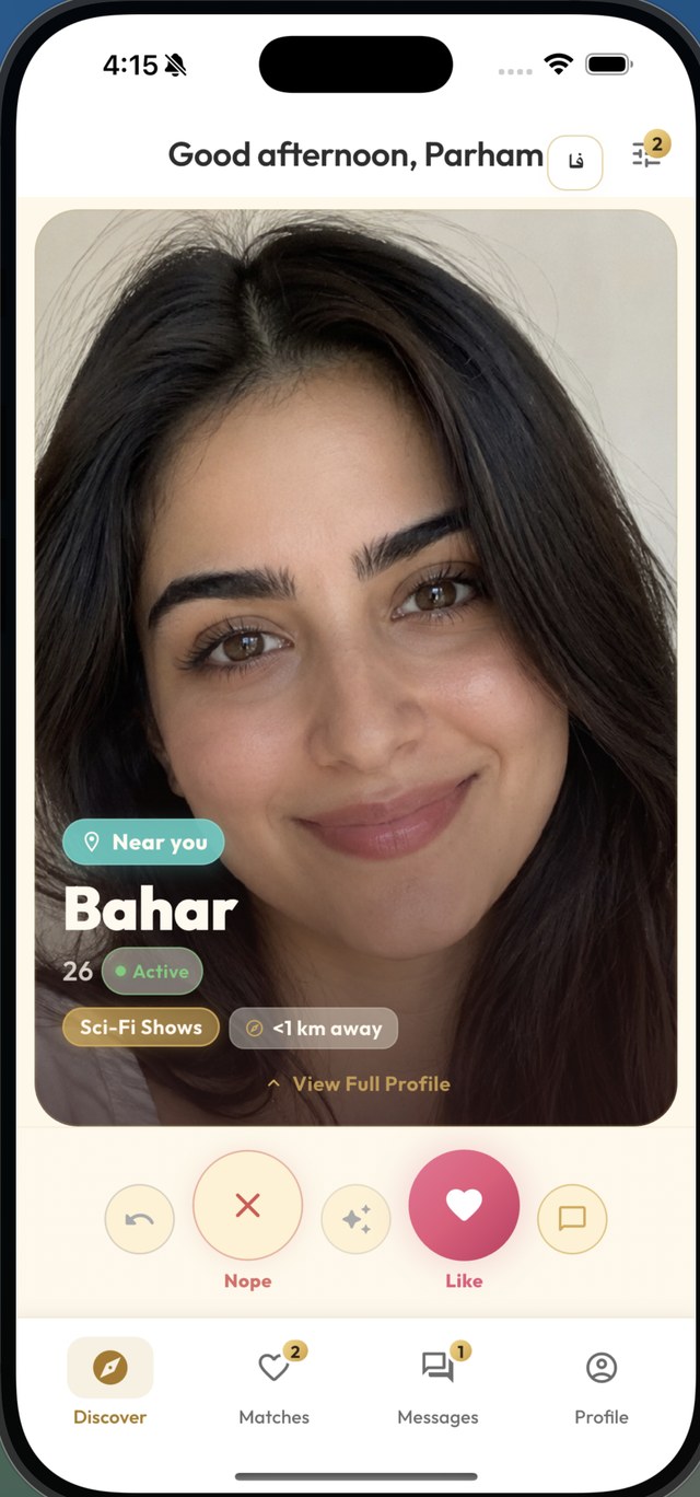 Delroba app discover screen showing a profile of Bahar, 26, in the iPhone app